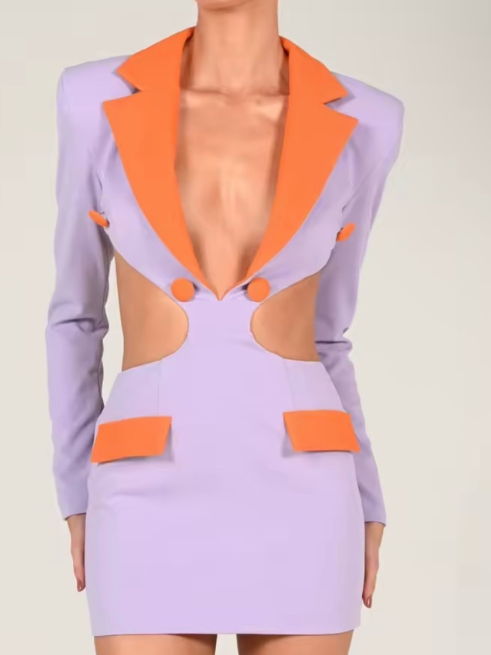 Contrast Lapel Cutout Blazer Dress in Lavender and Orange